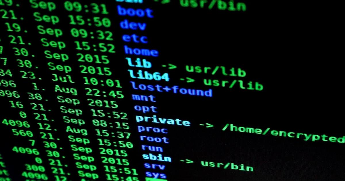 Close-up of a terminal screen listing Linux system directories in green and blue text